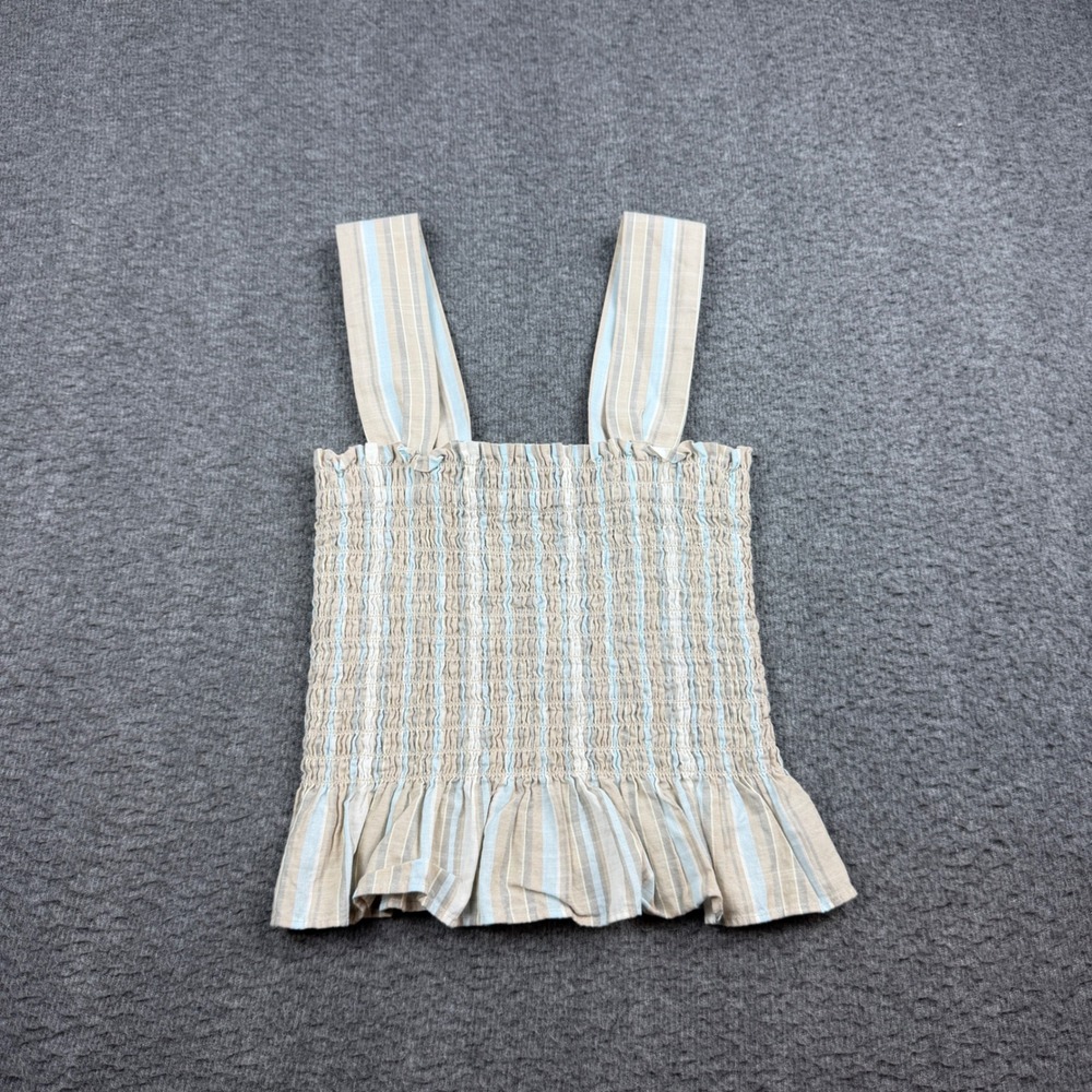 Uniqlo Smocked Tank Top Women's XS Tan Blue Striped Peplum Hem Square Neck